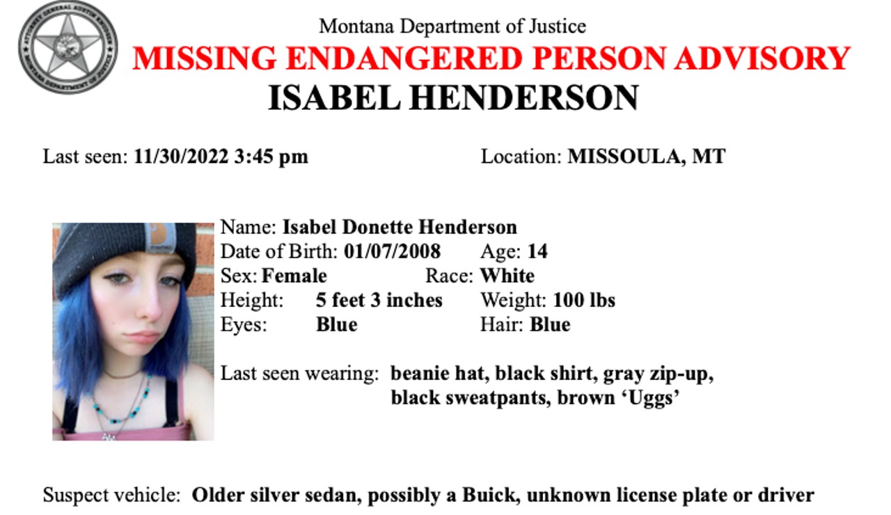 Missing Endangered Person Advisory issued in Missoula for Isabela Henderson - Vimarsana News